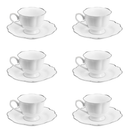 Jogo 6 Xícaras de Café Com Pires Porcelana Branco Com Fio Prateado - 80ml
