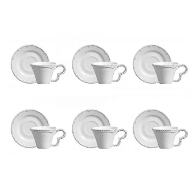 Jogo 6 Xicaras de Café com Pires Rendada Provence Branca 80ml