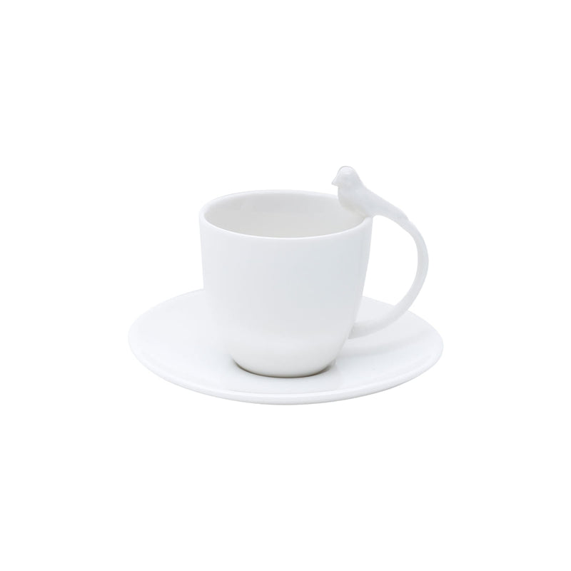 Jogo 6 Xícaras de Café Porcelana com Pires Birds Branca 85ml