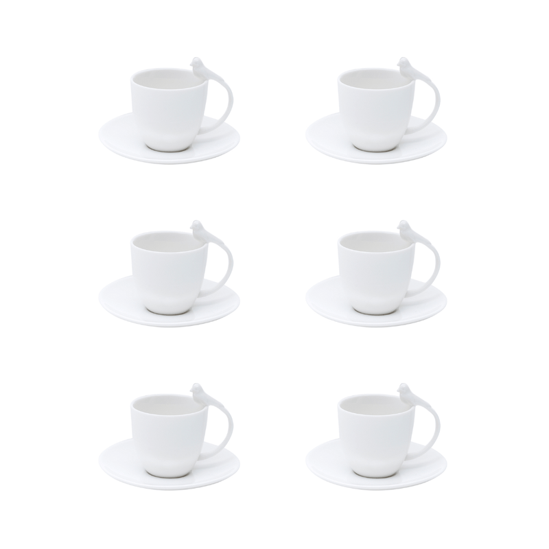 Jogo 6 Xícaras de Café Porcelana com Pires Birds Branca 85ml