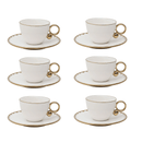 Jogo 6 Xícaras de Chá Porcelana com Pires Egg Branca e Dourada 200ml