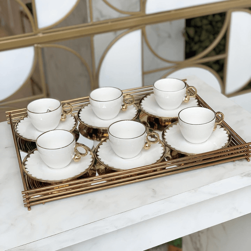 Jogo 6 Xícaras de Chá Porcelana com Pires Egg Branca e Dourada 200ml