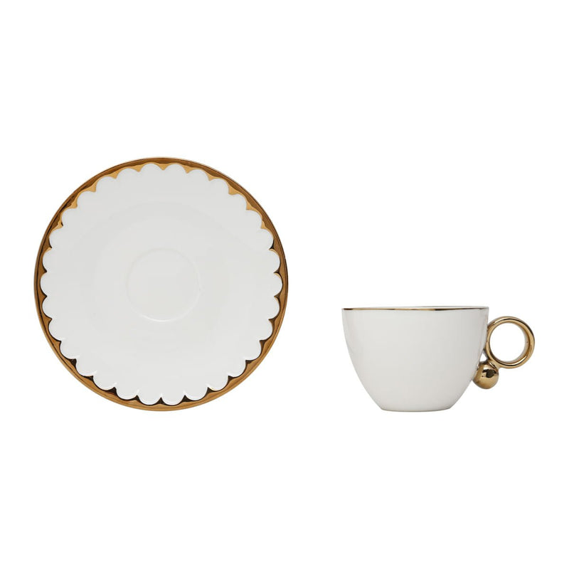 Jogo 6 Xícaras de Chá Porcelana com Pires Egg Branca e Dourada 200ml