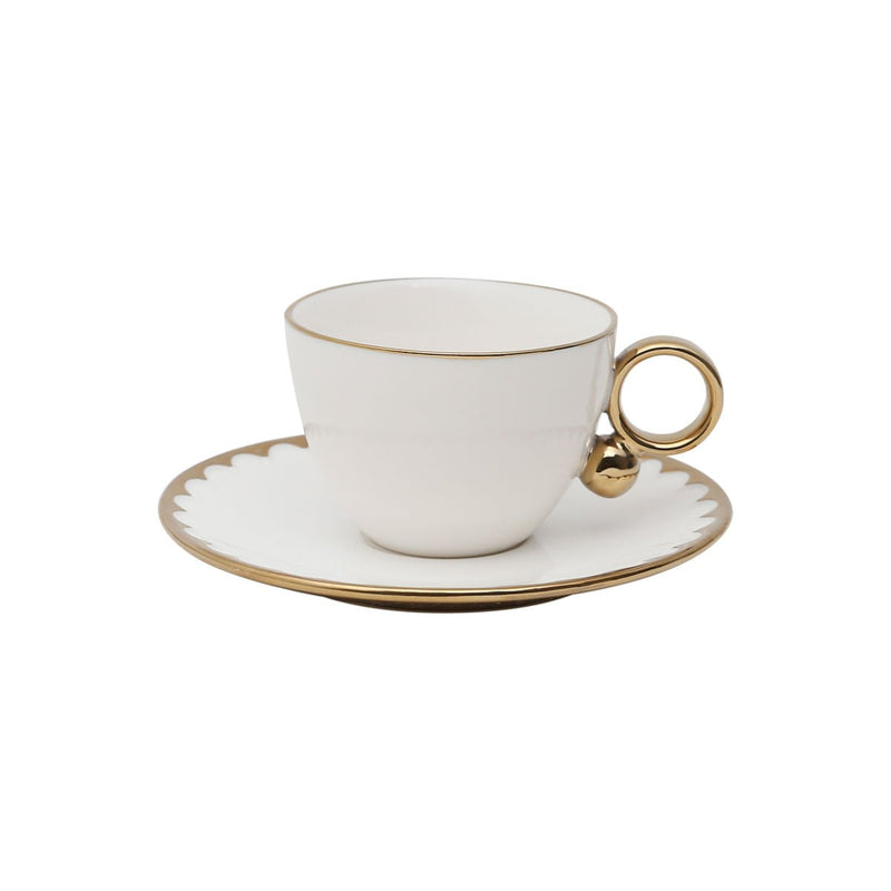 Jogo 6 Xícaras de Chá Porcelana com Pires Egg Branca e Dourada 200ml