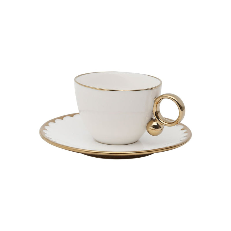 Jogo 6 Xícaras de Chá Porcelana com Pires Egg Branca e Dourada 200ml