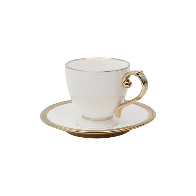 Jogo 6 Xicaras de Chá Porcelana com Pires Paddy Branca e Dourada 200ml