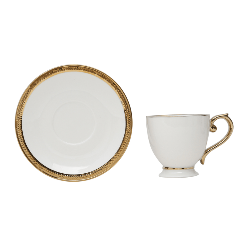 Jogo 6 Xicaras de Chá Porcelana com Pires Paddy Branca e Dourada 200ml