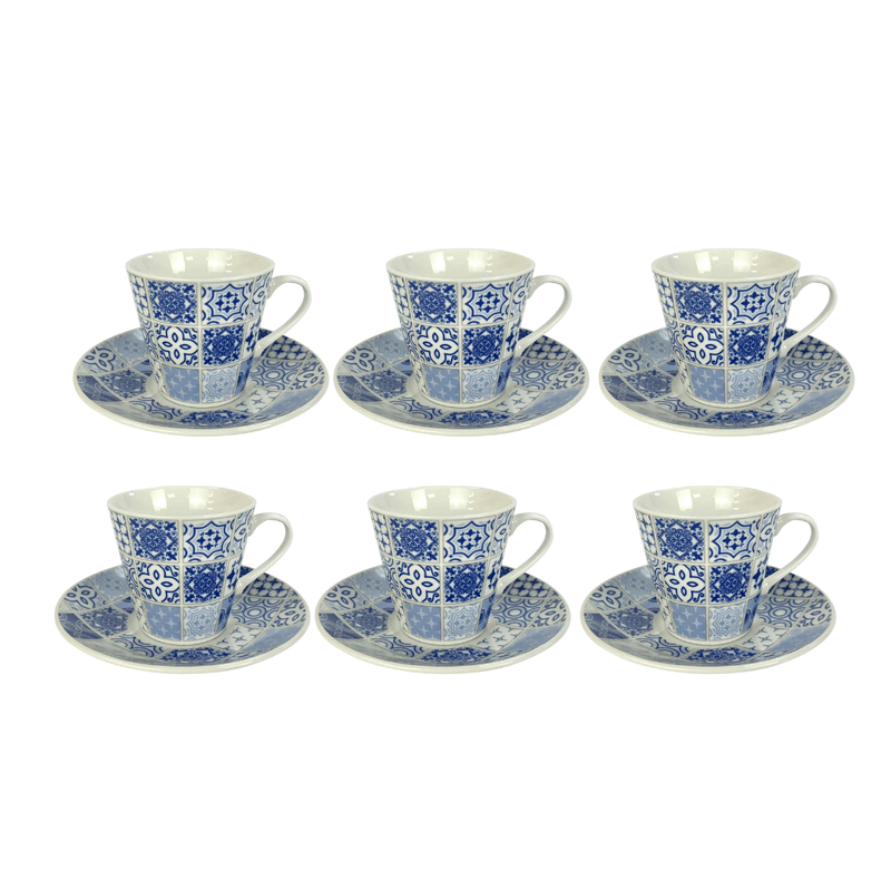 Jogo 6 Xicaras Tile para Café com Pires Porcelana Azul e Branco 90ml
