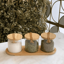 Jogo de 3 Potes Borossilicato com Colher Tampa e Suporte em Bambu