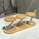 Jogo de 3 Potes Borossilicato com Colher Tampa e Suporte em Bambu