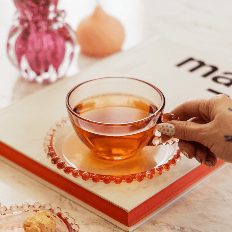 Jogo de 4 Xícaras de Chá Cristal com Pires Coração Pearl Rosa 180ml