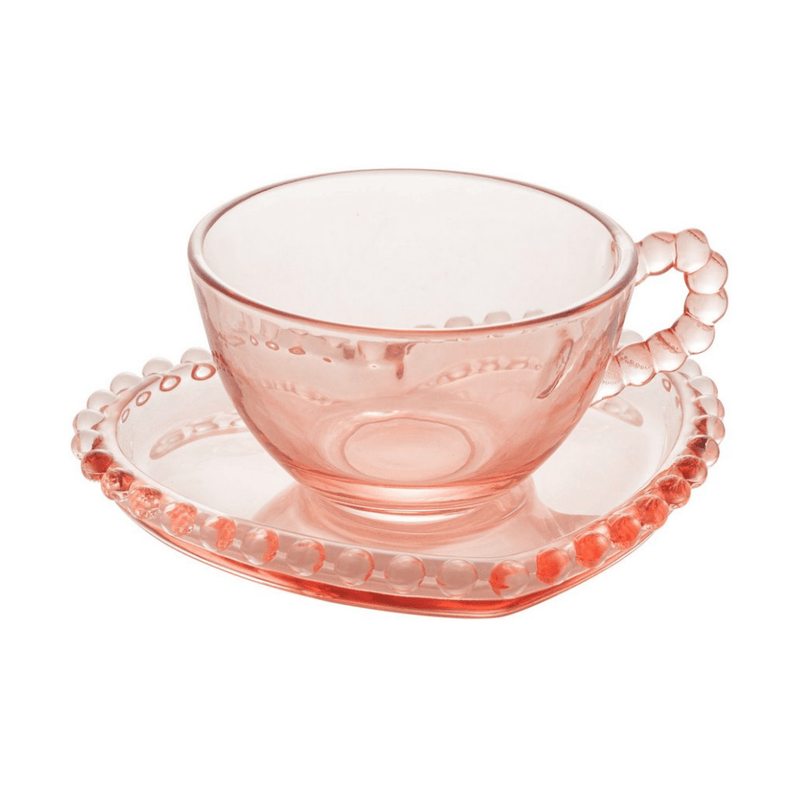 Jogo de 4 Xícaras de Chá Cristal com Pires Coração Pearl Rosa 180ml