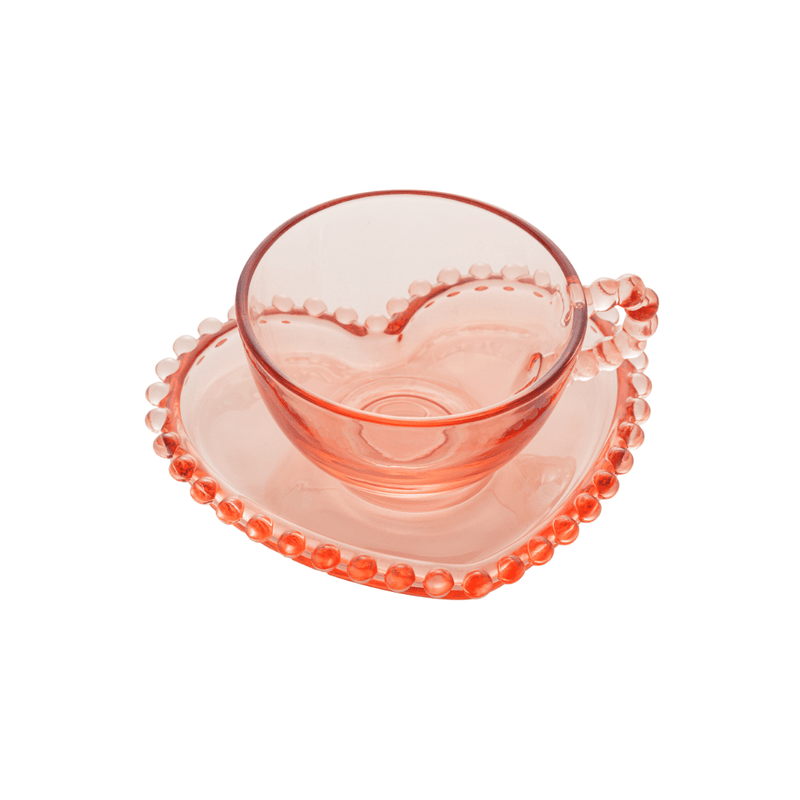 Jogo de 4 Xícaras de Chá Cristal com Pires Coração Pearl Rosa 180ml