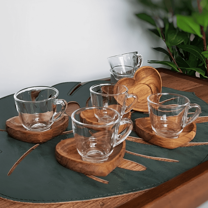 Jogo de Xícaras de Café com Pires de Coração Madeira Teca 75ml - 6 Peças