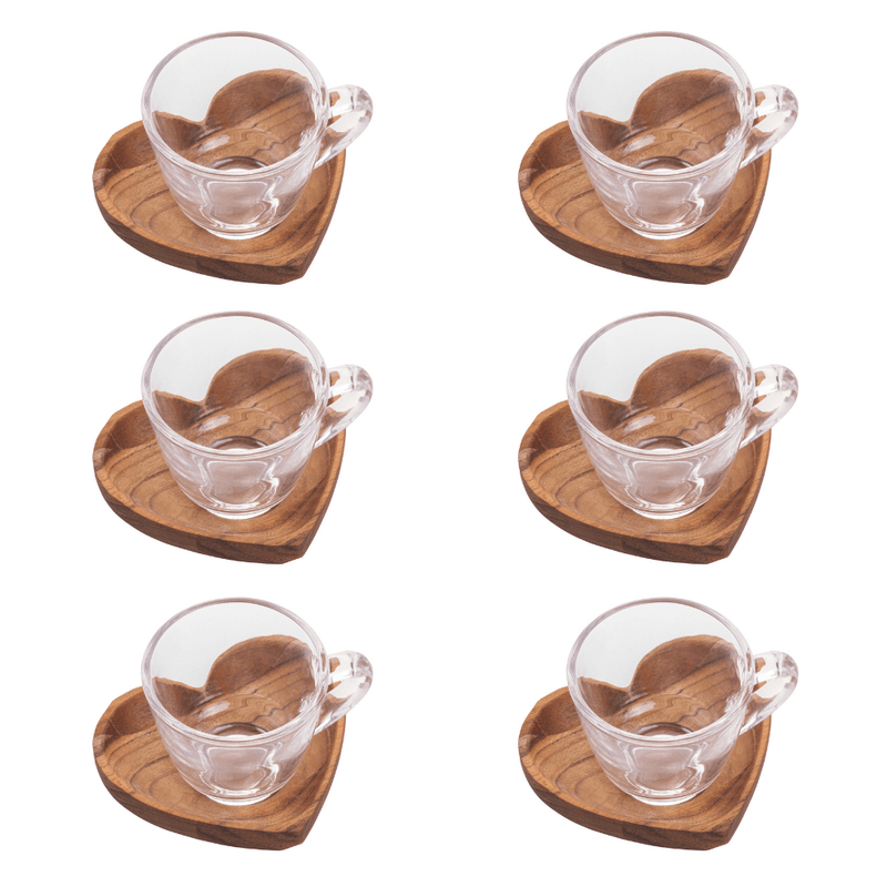Jogo de Xícaras de Café com Pires de Coração Madeira Teca 75ml - 6 Peças