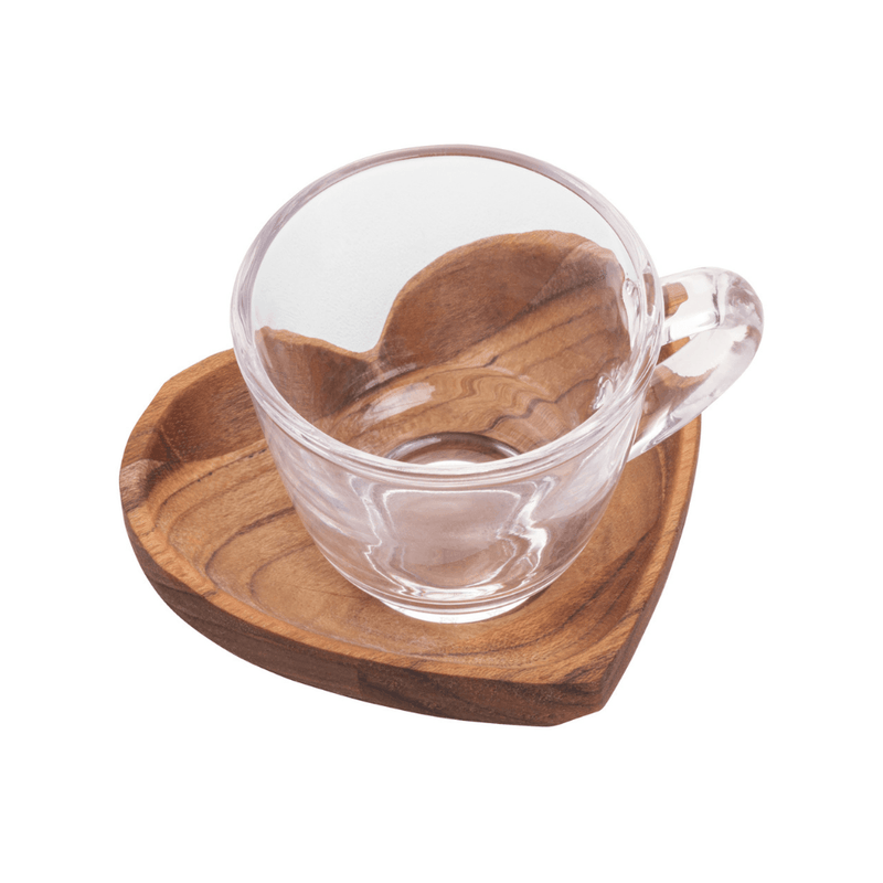 Jogo de Xícaras de Café com Pires de Coração Madeira Teca 75ml - 6 Peças