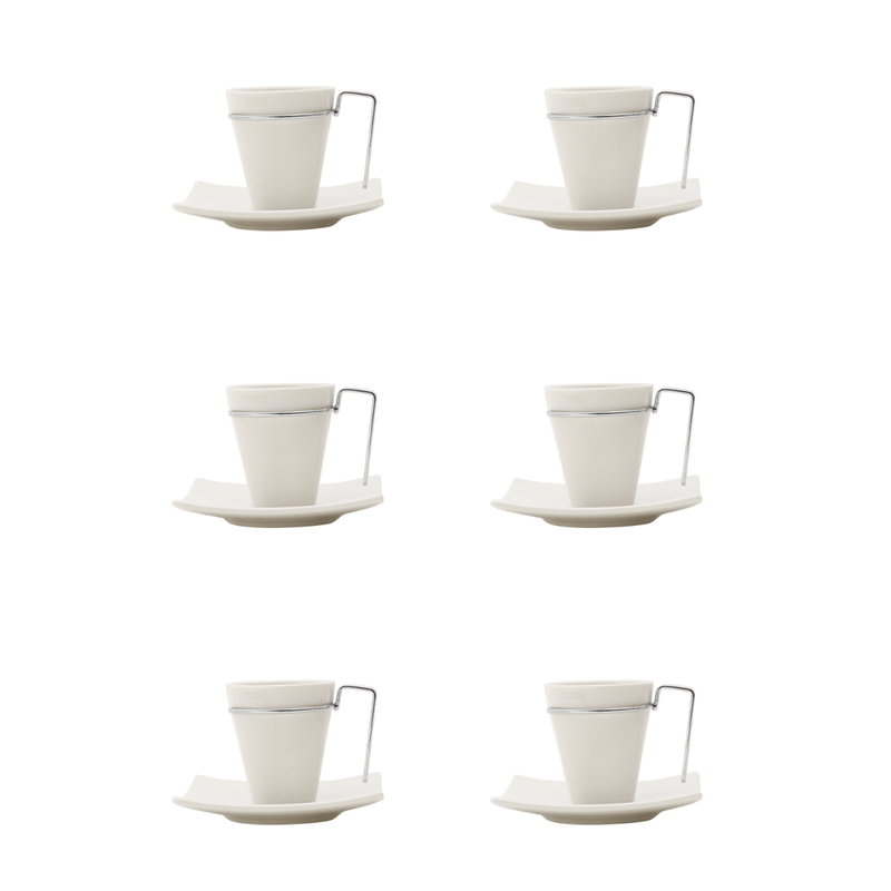 Jogo de Xícaras de Café com Pires Porcelana Alça Prata 80ml - 6 Peças
