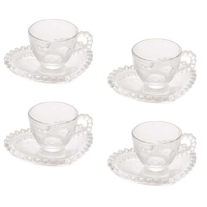 Jogo de Xícaras de Café Cristal Com Pires Coração Pearl 4 Peças - 85ml