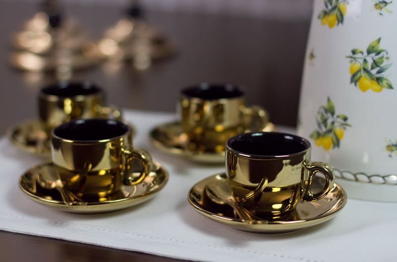 Jogo De Xícaras Luxo Para Café Com Pires E Suporte Wolff Versa 90ml 6 Peças Preto e Dourado