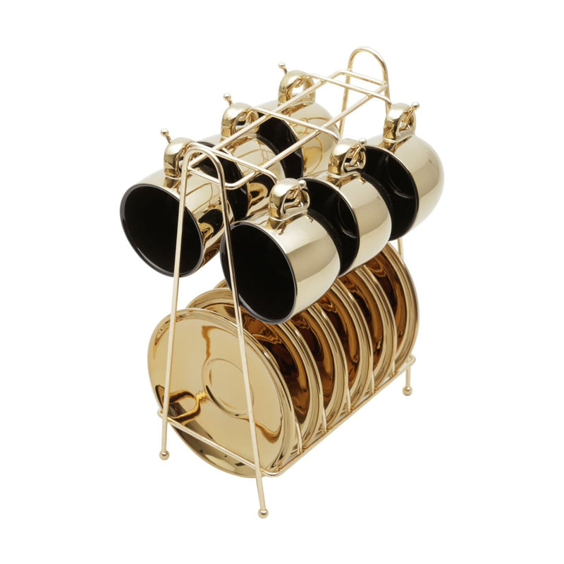 Jogo De Xícaras Luxo Para Café Com Pires E Suporte Wolff Versa 90ml 6 Peças Preto e Dourado