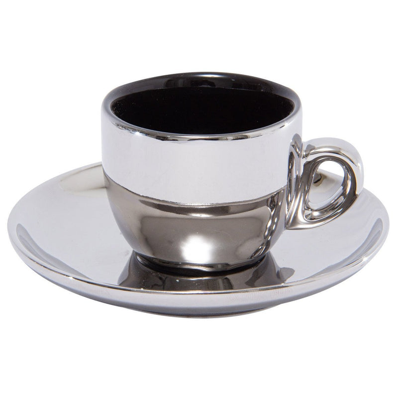 Jogo De Xícaras Luxo Para Café Com Pires E Suporte Wolff Versa 90ml 6 Peças Preto e Prata