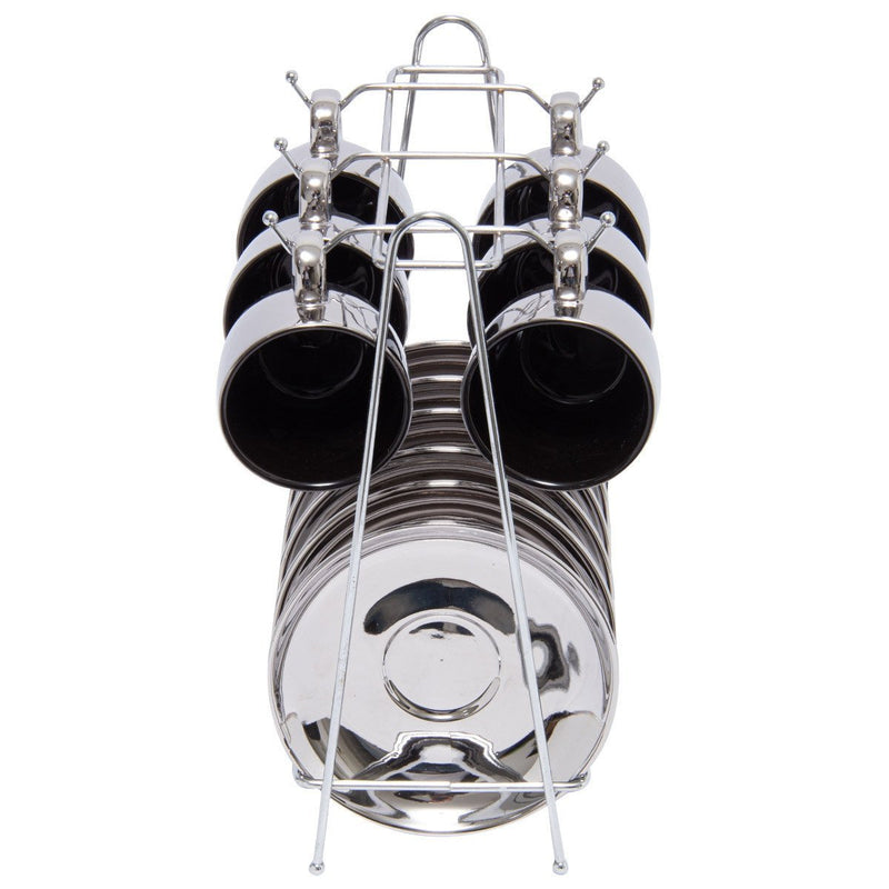 Jogo De Xícaras Luxo Para Café Com Pires E Suporte Wolff Versa 90ml 6 Peças Preto e Prata