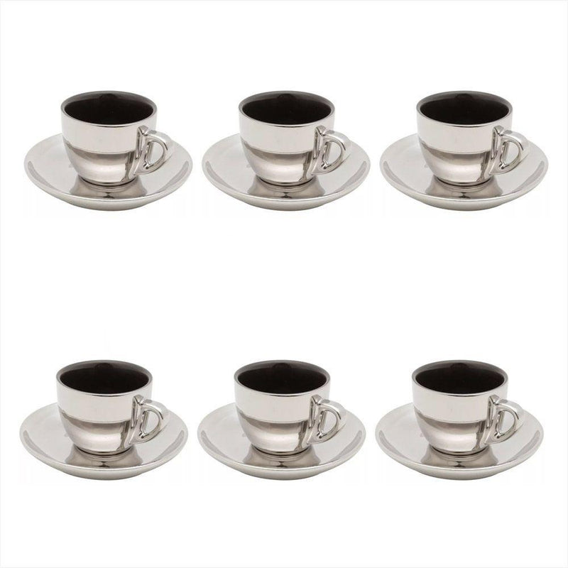 Jogo De Xicaras Luxo Para Café Com Pires Wolff Versa 90ml 6 Peças Preto e Prata