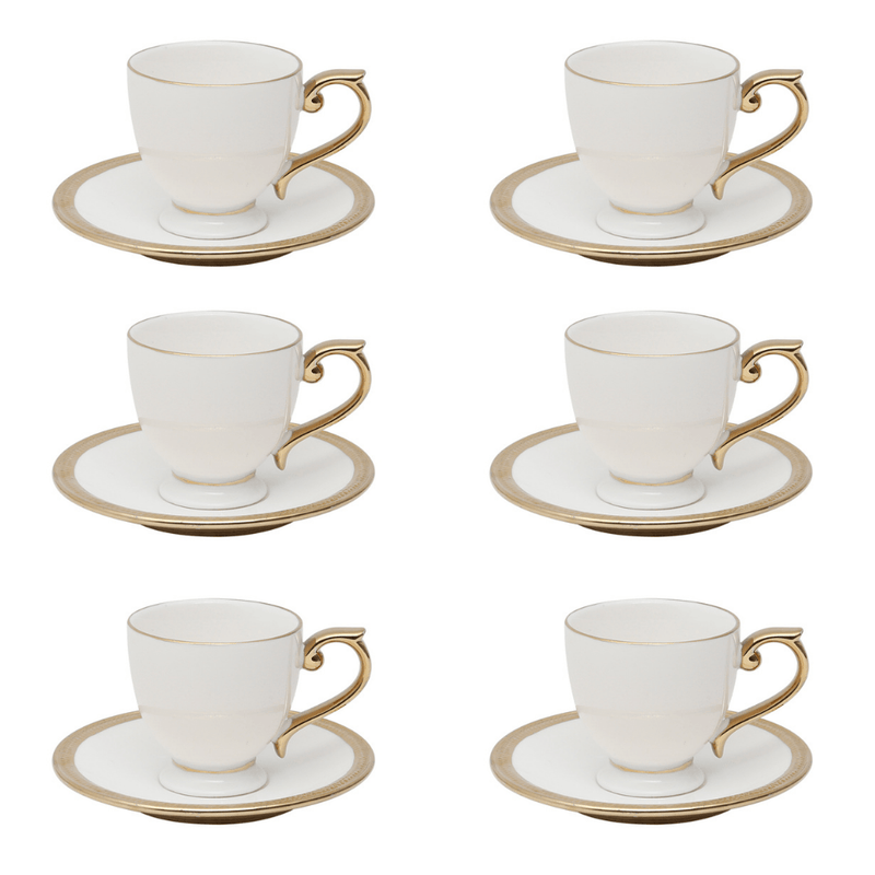 Jogo De Xícaras Para Café Dourada Com Pires Porcelana Alça Ouro Paddy 90ml - 6 Peças