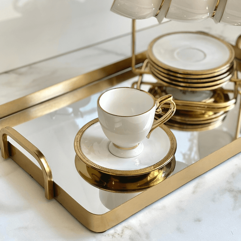 Jogo De Xícaras Para Café Dourada Com Pires Porcelana Alça Ouro Paddy 90ml - 6 Peças