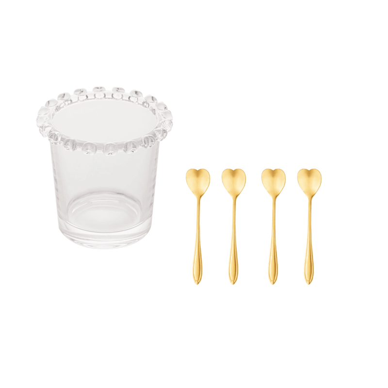 Kit Porta Talheres e Jogo 4 Colheres para Chá Dourado 5 Peças