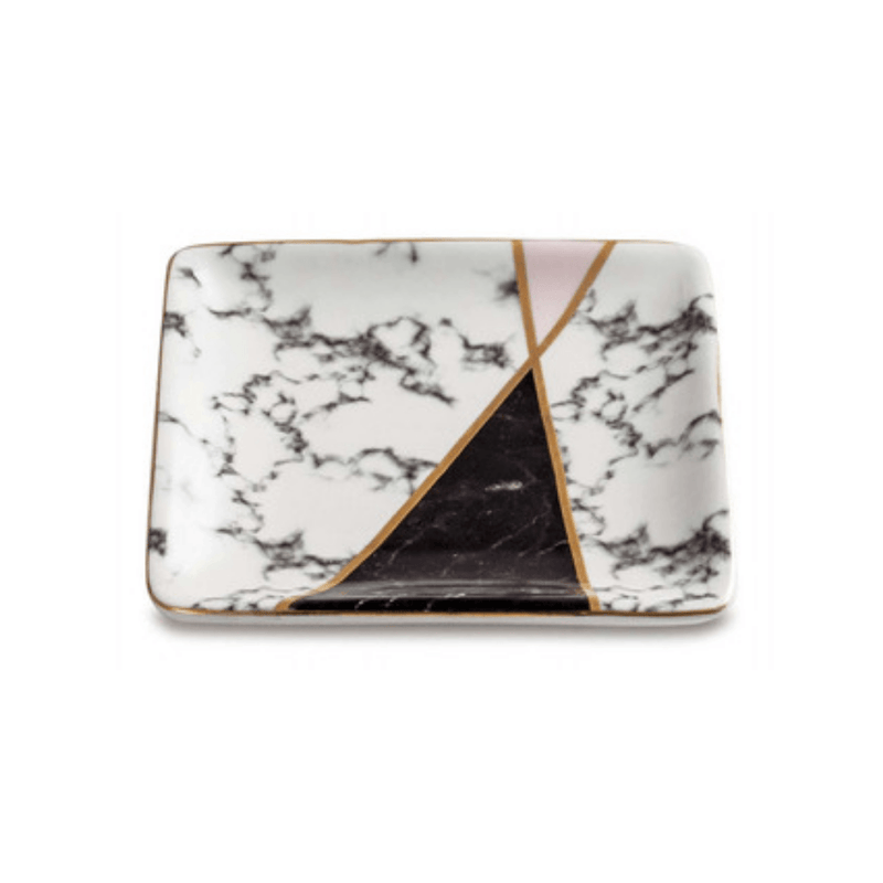 Mini Prato Quadrado Branco Marmorizado com Detalhes em Dourado - 11 cm