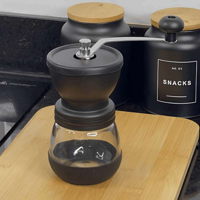 Moedor de Café Manual em Aço Inox com Pote de Vidro Preto 20cm