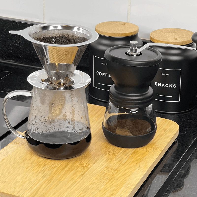 Moedor de Café Manual em Aço Inox com Pote de Vidro Preto 20cm
