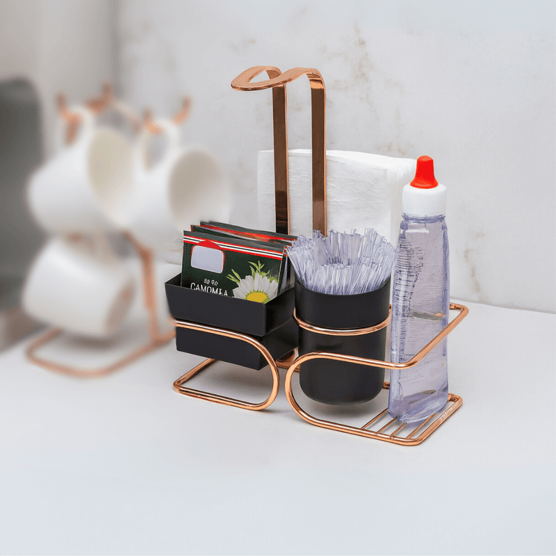 Conjunto para Chá Café Adoçante e Guardanapo Preto e Rose Gold