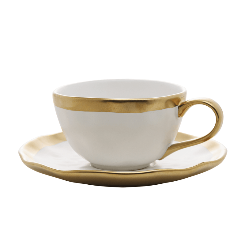 Xícara de Café com Pires em Porcelana Dubai Branco e Dourado 90ml
