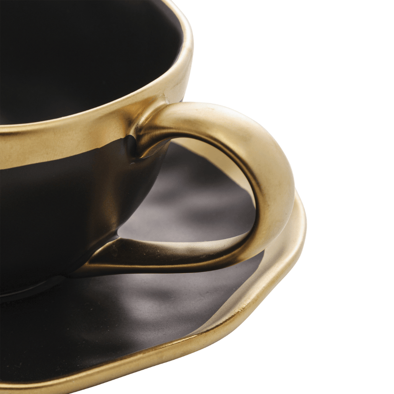 Xícara de Chá com Pires em Porcelana Dubai Preto e Dourado 200ml