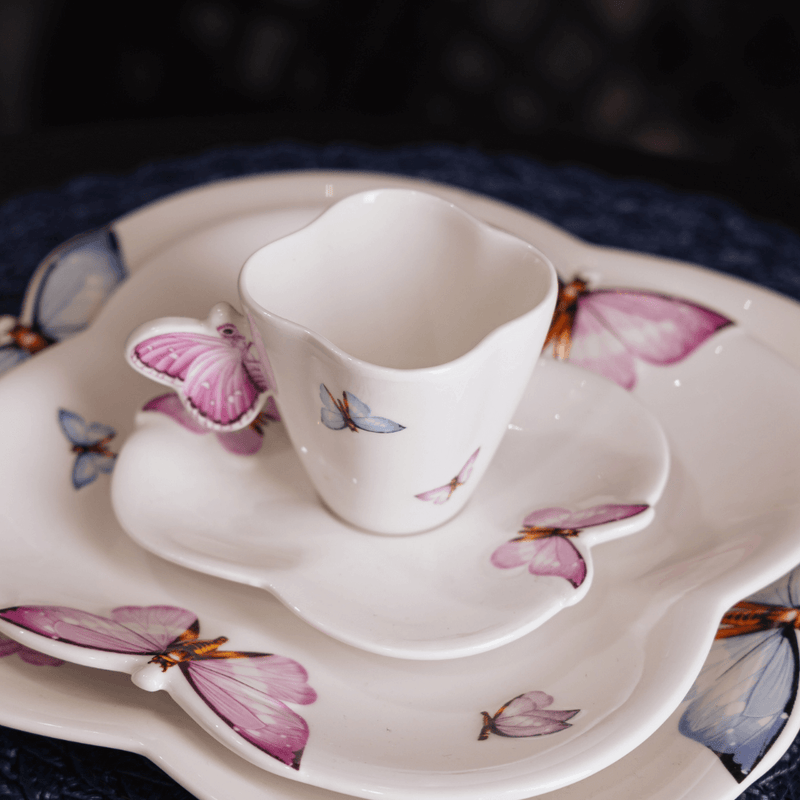 Jogo de 6 Xícaras de Café Porcelana com Pires Borboletas - 100ml